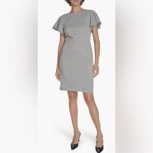 TOMMY HILFIGER FLUTTER SLEEVE HERRINGBONE SHEATH DRESS WOMENS LIGHT GRAY SIZE 6